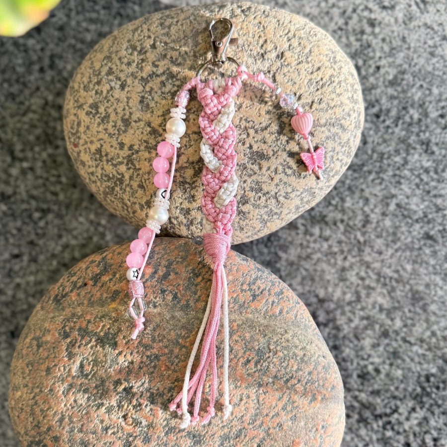 Pink Whispers - Macrame Keychain With Charms