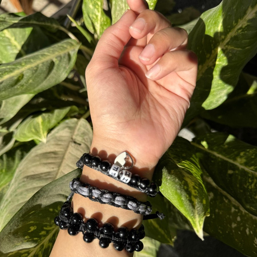 Noir Elegance - Macramé Bracelet Set With Name Initials