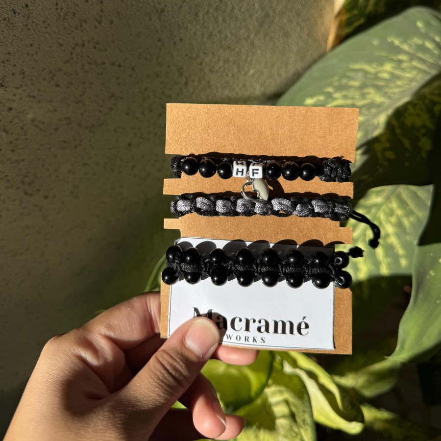 Noir Elegance - Macramé Bracelet Set With Name Initials