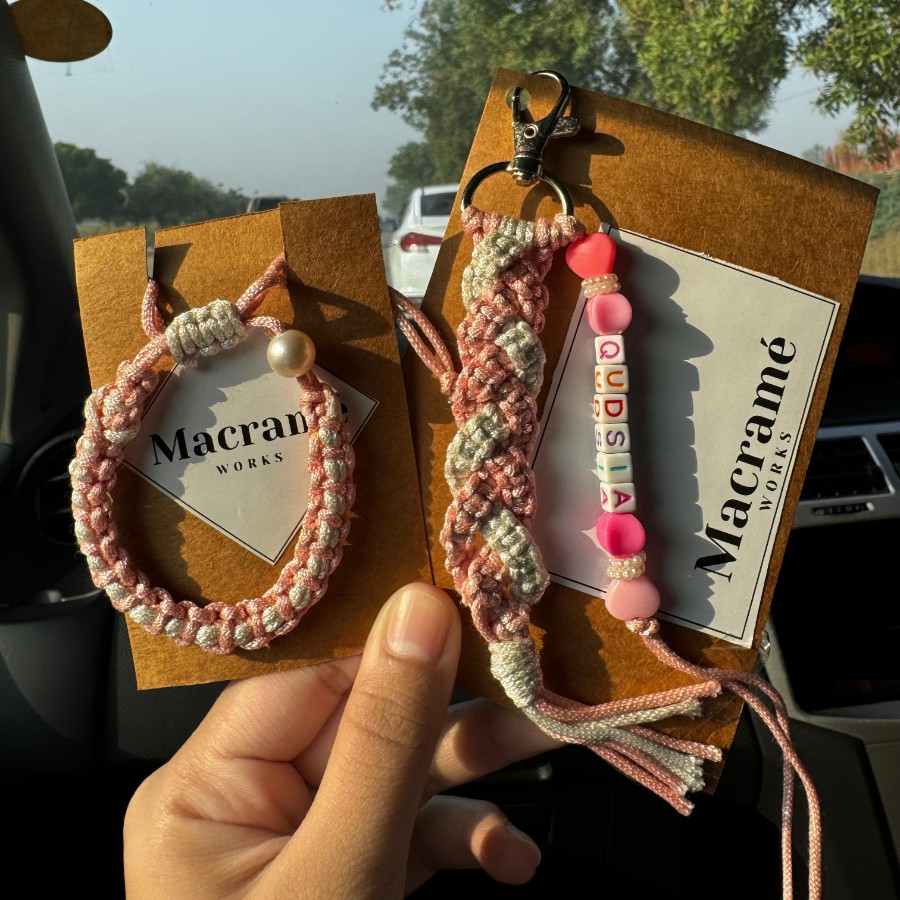 Pink Whispers Duo Set - Personalized Macrame Keychain & Bracelet