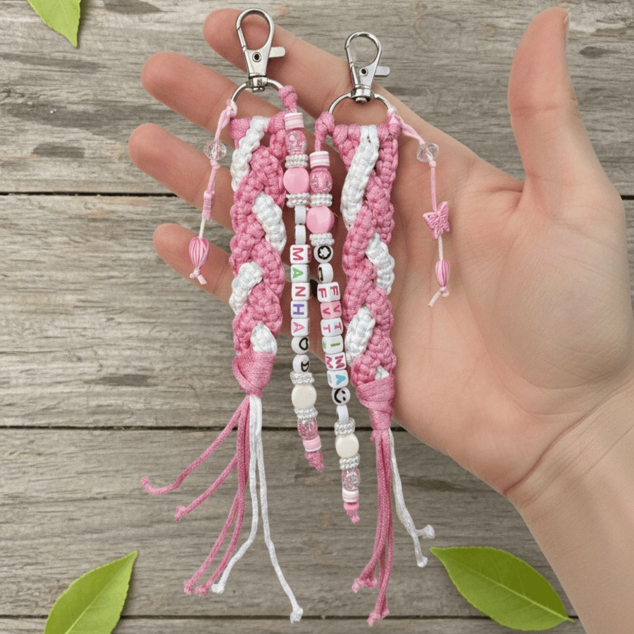 Customized Pink & White Macramé Keychain – Personalized Boho Charm