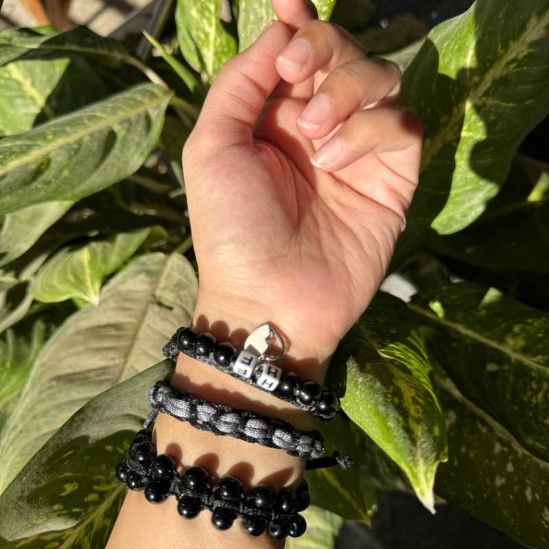 Noir Elegance - Macramé Bracelet Set With Name Initials